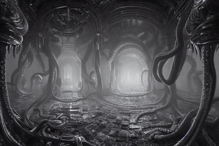 Image similar to ultra realist soft painting of the world of Lovecraft and Giger, gigantic oily tentacles and eyes, very intricate details, ultra dense fog, golden ratio, volumetric black and white lighting, reflections, refractions, symmetry accurate anatomy features, octane render