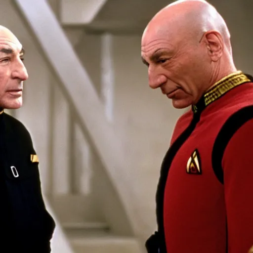 Prompt: captain jean - luc picard having a conversation with charles xaiver in ancient egypt