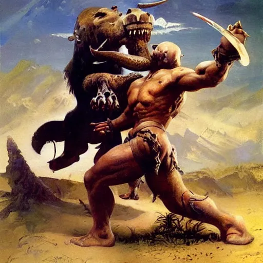 Image similar to a warrior fighting a mammoth to pretotect a girl, detailed oil painting by Frank Frazetta