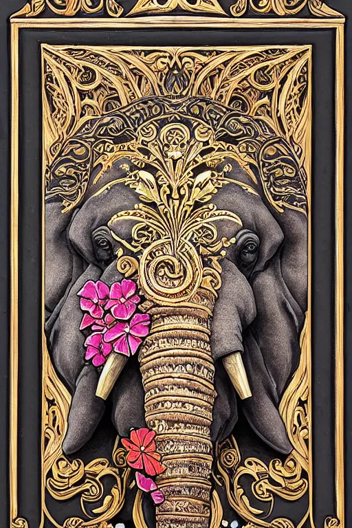 Prompt: Painted dark-wood panel relief carving of a close up of a Flowerpunk Matriarch Elephant, ornate border frame, explosion of colorful flowers, dark wood, intricately carved, black ink, festival of rich colors, intricate details, cinematic lighting, volumetric lighting, post-processing, art nouveau, tarot, by andreas rocha and john howe, and Martin Johnson Heade, featured on artstation, featured on behance, golden ratio, hyper detailed, photorealistic, epic composition, center spotlight, f32, well composed, symmetrical, UE5, 8k