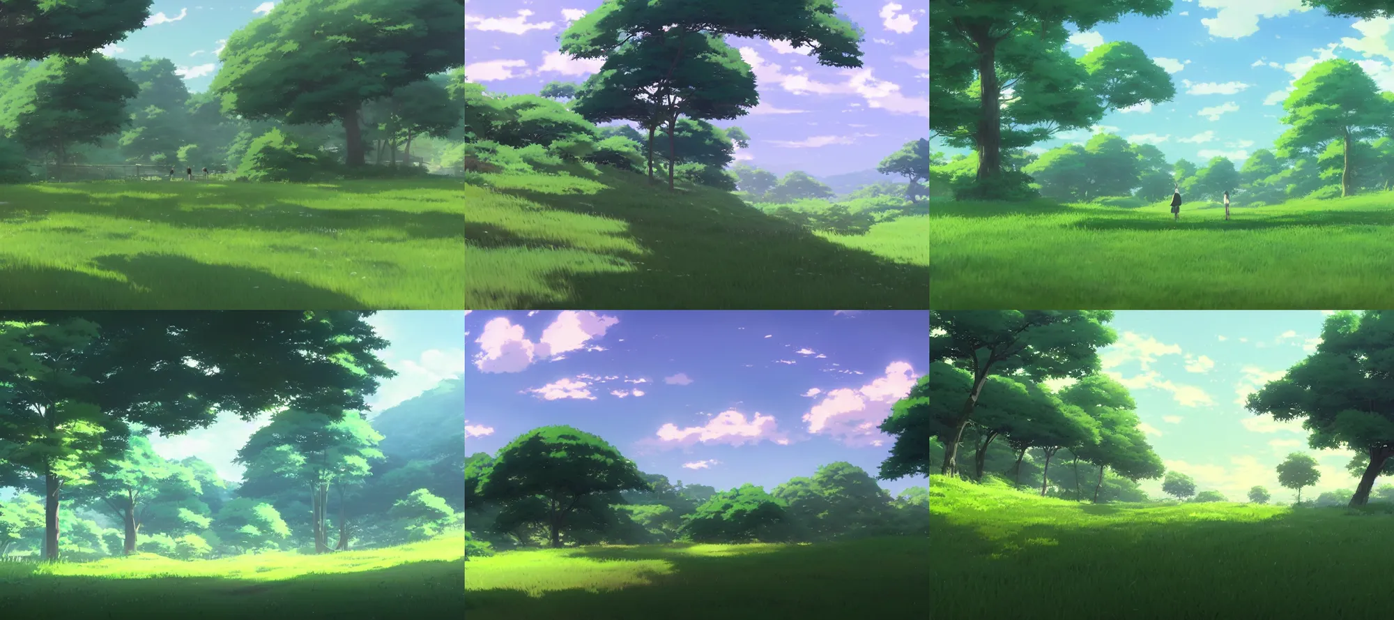 Image similar to a rolling green landscape by makoto shinkai