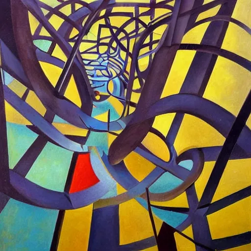 Image similar to cubist painting of ephemeral souls wandering in cemetary shaped like a spiralling maze, cgsociety, masterpiece, art, artwork, oil on canvas