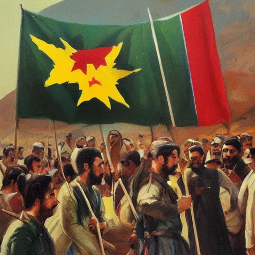 Prompt: a painting of a group of kurdish people establishingthe republic of mahabad! standing in front of a kurdish flag, an oil painting by ilya ostroukhov, featured on deviantart, socialist realism, ilya kuvshinov, movie still, oil on canvas