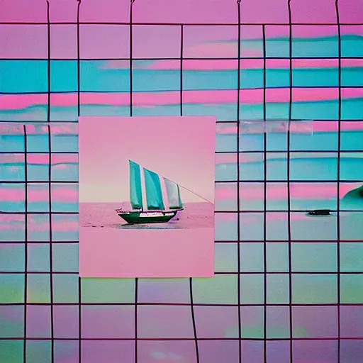 Prompt: a pastel colour high fidelity wide angle Polaroid art photo from a holiday album at a seaside of a large luxury pink ship in the sea surrounded by abstract inflatables parachute art, all objects made of transparent iridescent Perspex and metallic silver, a grid of sun beds iridescence, nostalgic