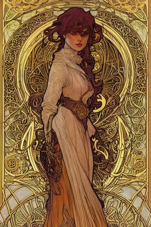 Prompt: full - body artwork, cattie - brie of mithril hall, andreas rocha, greg rutkowski. art nouveau neo - gothic sculpture by mucha. swirly intricate gilded linework background. gaudy colors, sharp edges. ultra clear detailed. 8 k. elegant. octane render