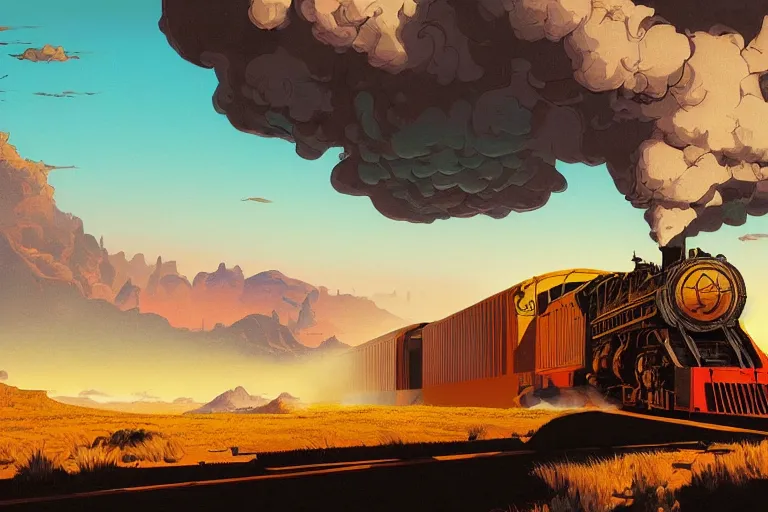 Image similar to old western freight train illustration by joe fenton and syd mead, artstation, 4 k, graphic novel, concept art, matte painting, steam engine spewing billowy white clouds of steam, beautiful idyllic mountain desert sunset background, golden hour