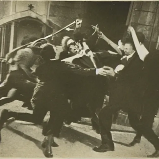 Image similar to a 1 9 3 0 s newspaper photo of a vampire attacking a group of people outside a church