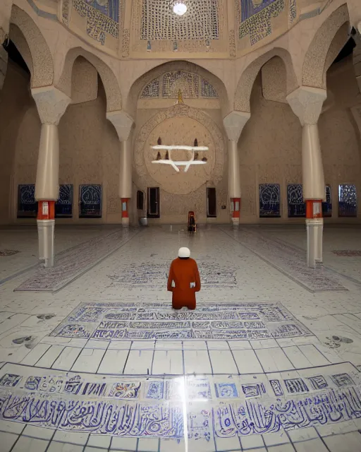 Image similar to a robot praying in the mosque, realistic and detailed, 8 k