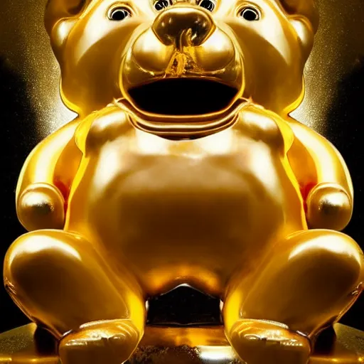 Prompt: a stunning image of a giant gummy bear on a golden pedestal, many people worshipping, dark cave like surrounding.