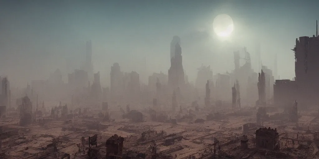 Image similar to tower!!!!!!!!, towers!!!!!!!!, derelict, tall, ancient, atmospheric, beautiful, concept art, desert, civilisation, artstation, hazy, matte painting, highly detailed, volumetric lighting, rays, moody, golden hour, dawn, octane render, digital art, global illumination, city, burning