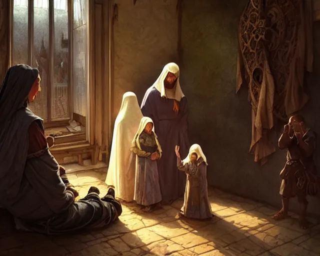 Image similar to poor hungry family praying to a cross, emotional sad painting, very poor, medieval peasants, fantasy, cruel, dramatic lighting, intricate, wild, highly detailed, digital painting, artstation, concept art, smooth, sharp focus, illustration, art by artgerm and greg rutkowski and alphonse mucha