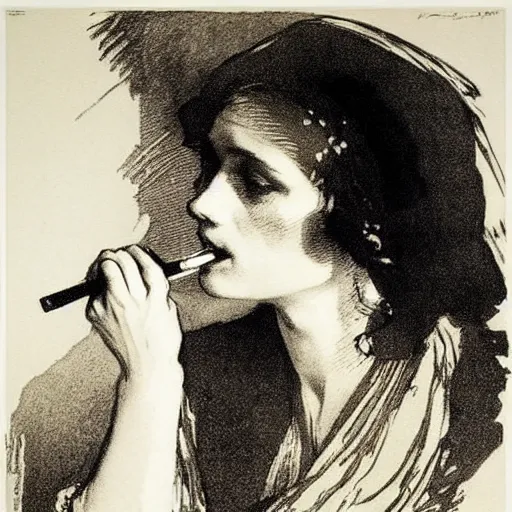 Image similar to anders zorn etching. damsel smoking a long cigarette. ink