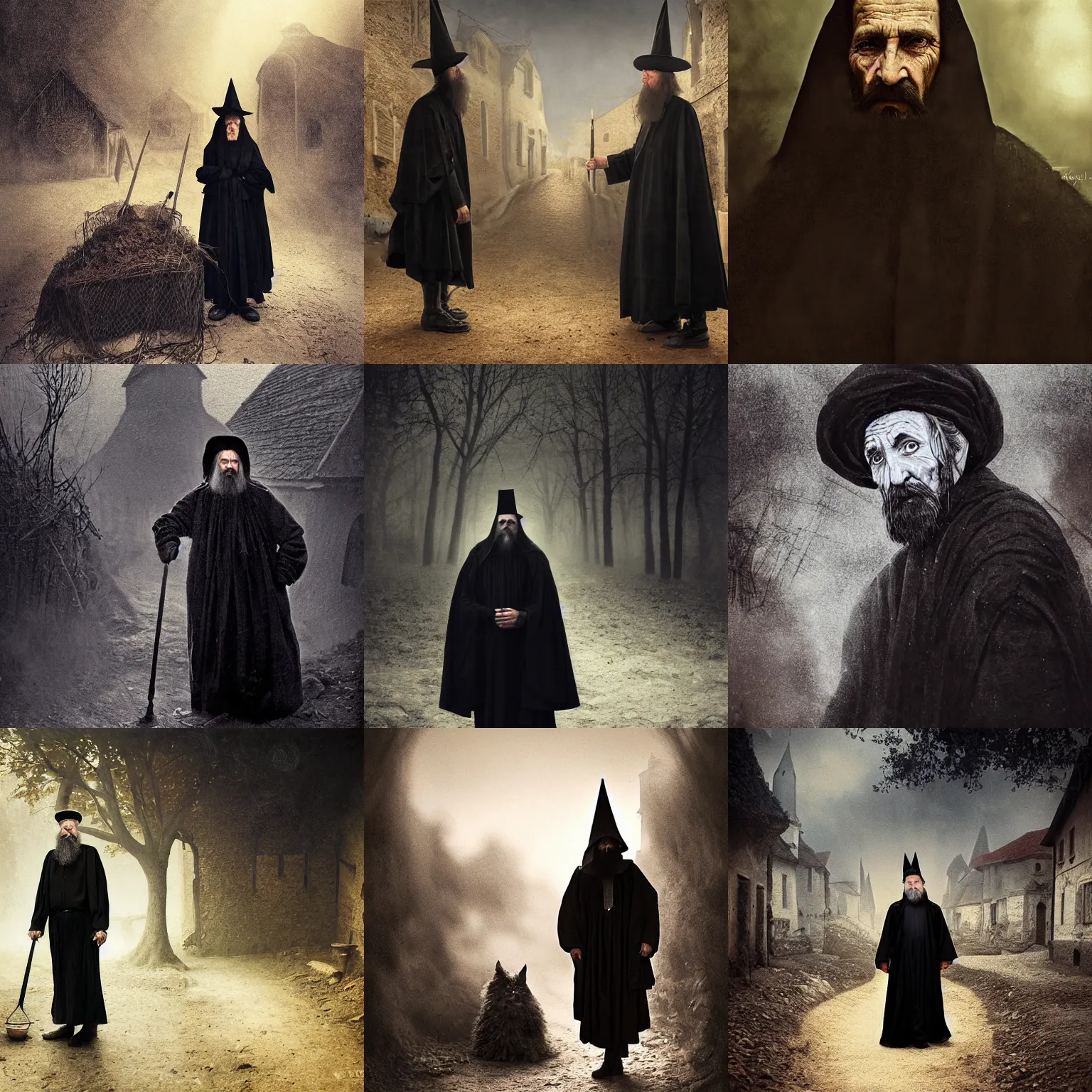 Prompt: portait of a 1 9 th century old hungarian wizard in a hungarian village, dressed in black. atmospherical, magical, natural lighting, dust, soft focus, oil canvas by munkacsi, greg rutkowsk, marc simonetti, hollosy simon and da vinci