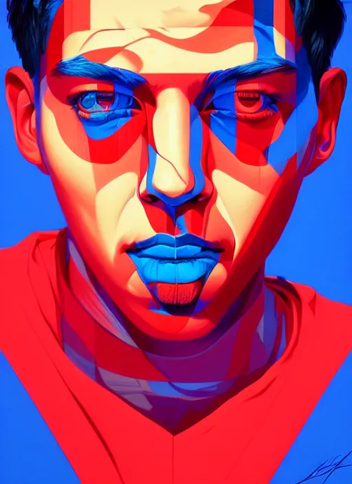 Image similar to red and blue color theme, beautiful hyperrealisitic portrait of burning police officer, tristan eaton, victo ngai, artgerm, rhads, ross draws