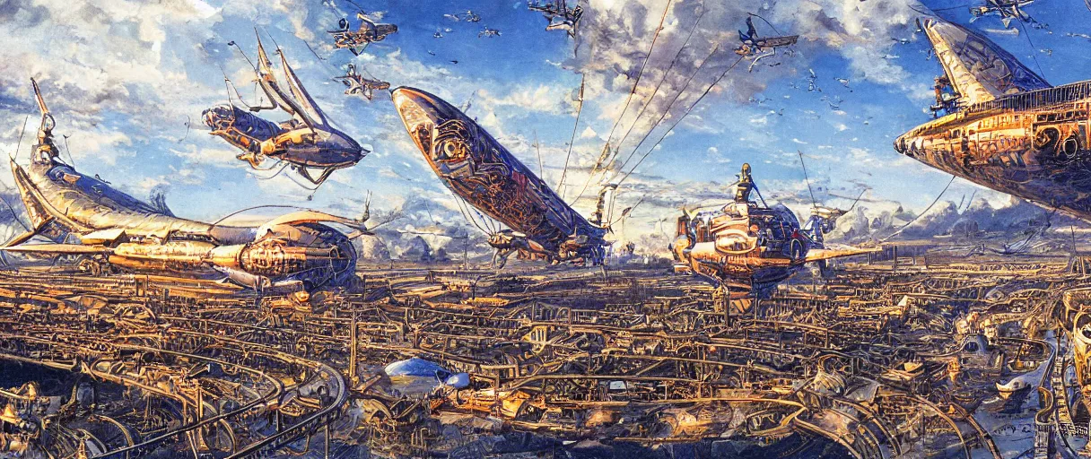 Prompt: a beautiful and detailed illustration of an airship port in a clockpunk world by Robert McCall, cinematic atmosphere, establishing shot