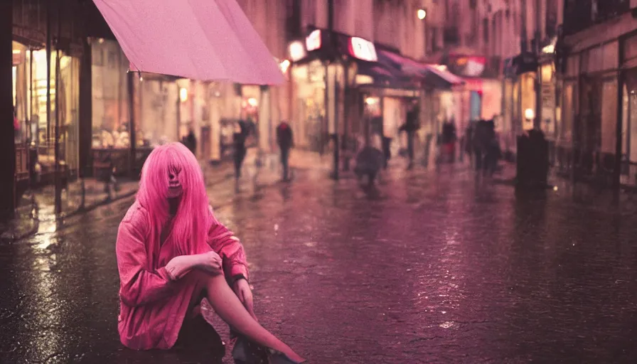 Prompt: street of paris photography, night, rain, mist, a girl with pink hair sitting in a cafe, cinestill 8 0 0 t, in the style of william eggleston
