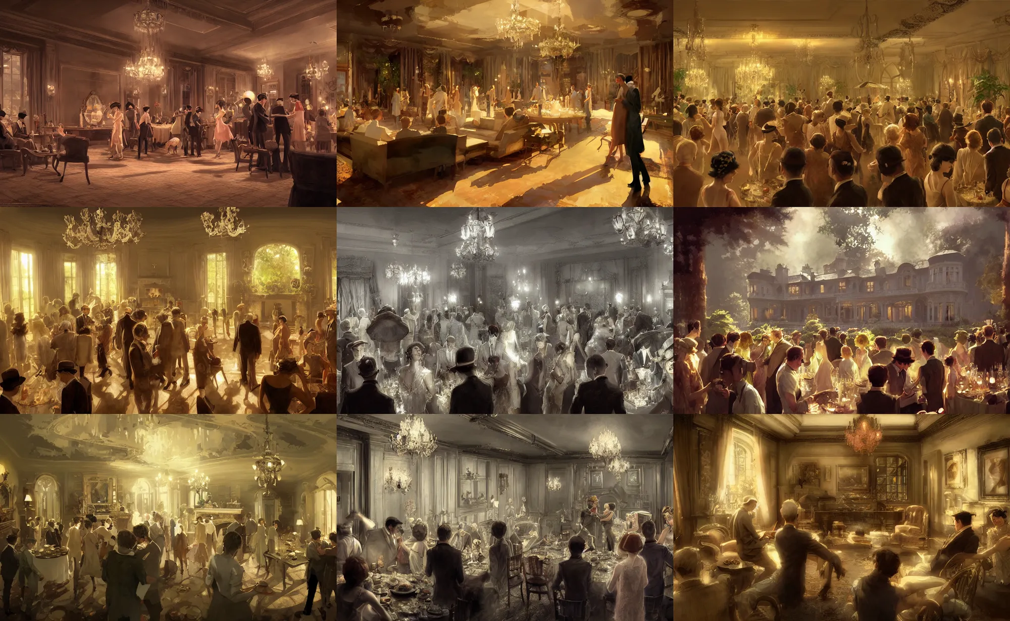 Prompt: craig mullins and ghibli and james gurney detailed digital illustration of a 1 9 2 0 s grand party in a beautiful mansion, many partygoers, strong contrast, unreal engine, hyper realism, realistic shading, cinematic composition, realistic render, octane render, detailed textures, photorealistic, very wide shot, 3 5 mm film