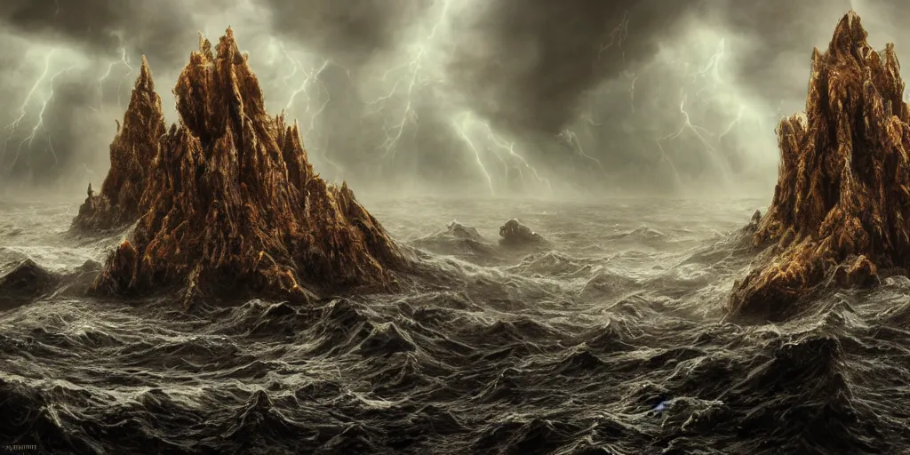 Image similar to photorealistic strange concept art of cthulhu emergin from the sea, by katrina van grouw and bruce mahalski. an epic landscape, with ominous storm clouds, a gentle rising mist. occult photorealism, uhd, amazing depth, glowing, golden ratio, 3 d octane cycle unreal engine 5, volumetric lighting, cinematic lighting, cgstation artstation concept art