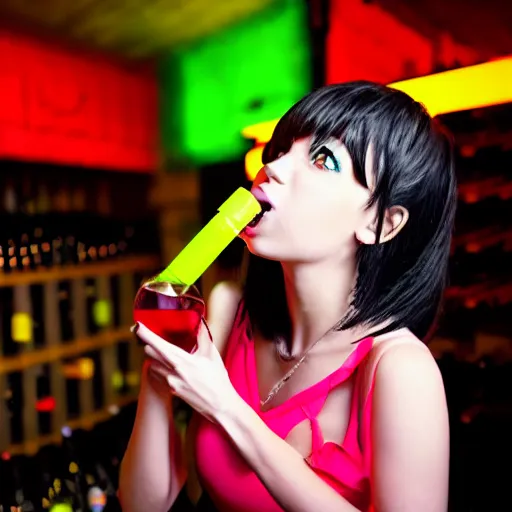 Image similar to anime girl drinking wine from a neon bar