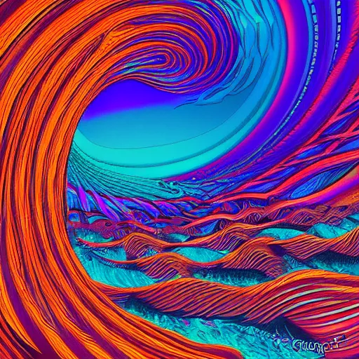 Image similar to dmt waves in an ocean of thoughts, digital art