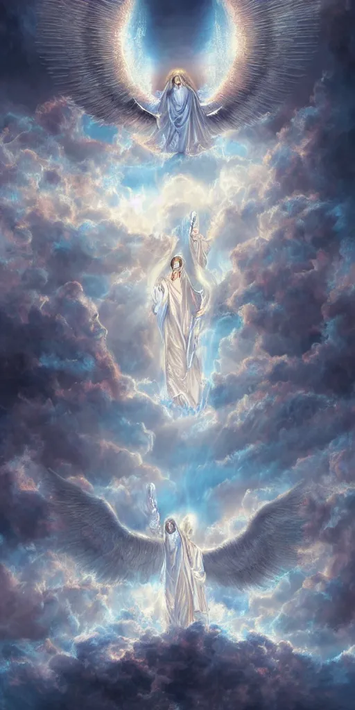 Prompt: The gate to the eternal kingdom of Heaven, seraphim in the clouds, cherubim in the clouds, holy rays, fantasy, digital art, HD, detailed.