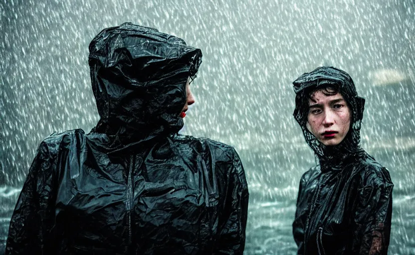 Image similar to cinestill 5 0 d candid photographic portrait by helen levitt of two loving female androids wearing rugged black mesh techwear in treacherous waters, extreme closeup, modern cyberpunk moody depressing cinematic, pouring rain, 8 k, hd, high resolution, 3 5 mm, f / 3 2, ultra realistic faces, ex machina