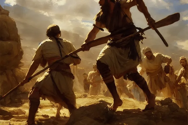 Image similar to ancient biblical israeli young man david slinging a stone at the philistine giant goliath of gath in battle by anders zorn, wonderful masterpiece by greg rutkowski, beautiful cinematic light, by greg manchess, jessica rossier