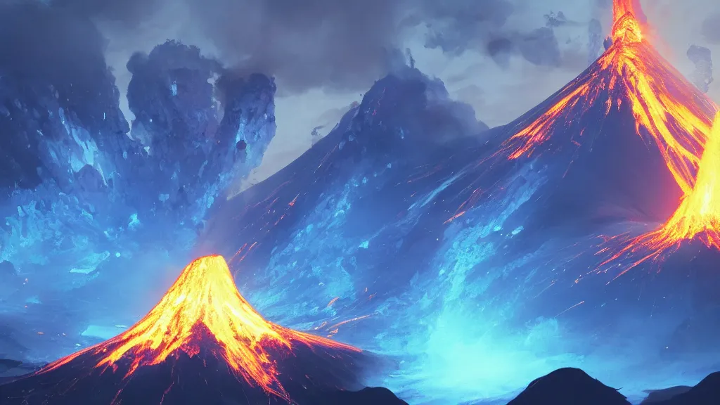 Image similar to volcano erupting blue flames, glowing! blue plumes, by sylvain sarrailh, rossdraws, ambient light, ultra detailed, fantasy artwork, 8 k, volumetric lighting, trending on artstation, award winning, beautiful scenery, very very very very very very very beautiful.