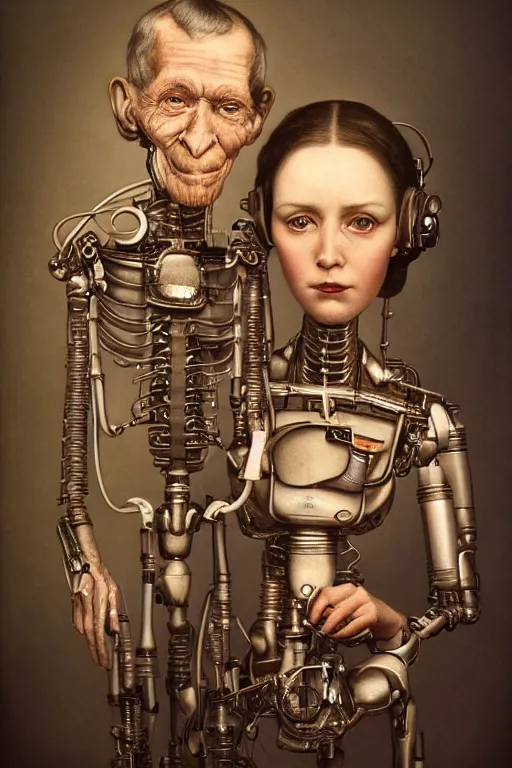 Image similar to a beautiful ultradetailed vintage couples portrait photo of old cyborg standing next to a cyborg sitting on a chair, by tom bagshaw and anna dittman, couples portrait, vignette, 35mm lens, golden ratio composition, detailed faces, studio photography, very detailed, humanoids, artstation, 8k, highly coherent