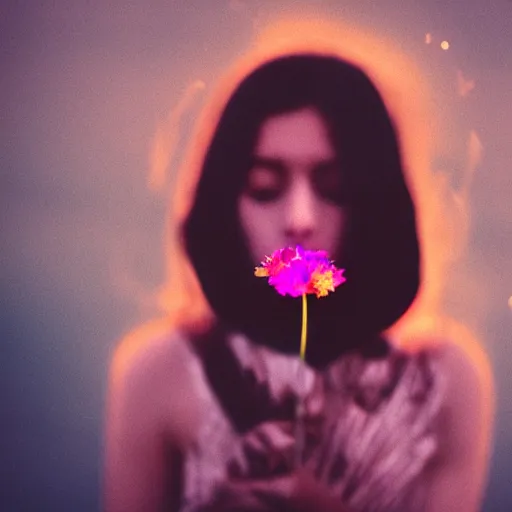 Prompt: oversaturated, burned, light leak, film, photo of a girl smelling a flower