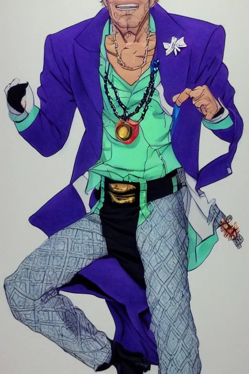 Image similar to Joe Biden as Jotaro Kujo JoJo from JoJo's Bizarre Adventure, anime drawing by Hirohiko Araki, vivid colors, colorful fashion