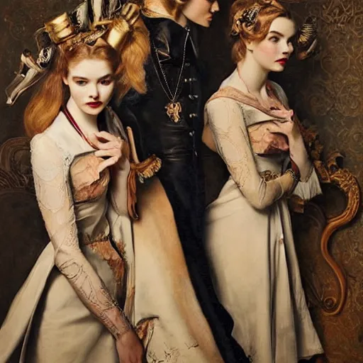 Prompt: elle fanning, ana de armas, anya taylor - joy in prey picture by j. c. leyendecker and peter paul rubens, asymmetrical, dark vibes, realistic painting, organic painting, matte painting, geometric shapes, hard edges, graffiti, street art : 2 by j. c. leyendecker and peter paul rubens : 4