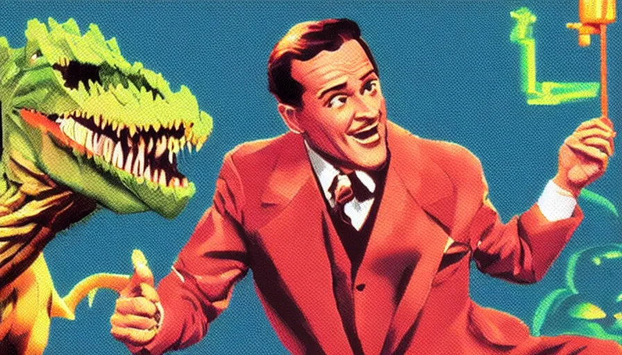 Prompt: beautiful still from retro snes arcade game featuring gene kelly demanding a refund on undercooked overpriced dinosaur steak in downtown dive bar bistro, hyperreal detailed facial features and uv lighting, retro nintendo bitmap pixel art