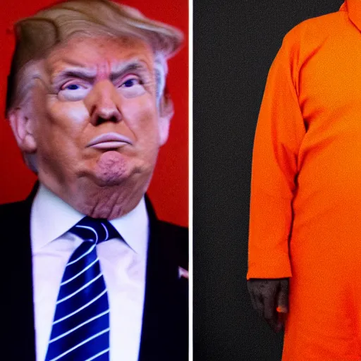 Prompt: donald trump dressed as an orange prisoner in a prison cell, medium - shot, photographic, natural light failing on his face, by terry richardson