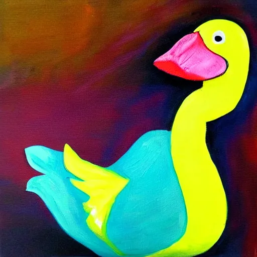 Image similar to the painting is a yellow duck with a pink beak and a blue head.