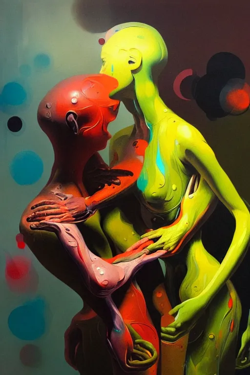 Image similar to a strange biomorphic painting of two humanoid figures entwined as one being, in the style of adrian ghenie in the style of charlie immer, part by gerhard richter, highly detailed, dramatic, emotionally evoking, head in focus, volumetric lighting, oil painting, masterpiece, octane render