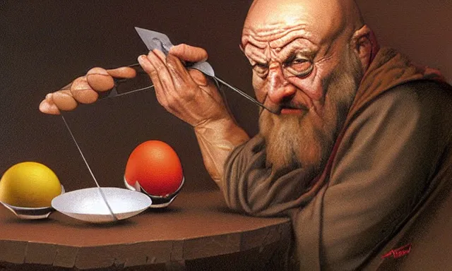 Image similar to Pensive Wizard examines eggs with calipers, by Alex Horley