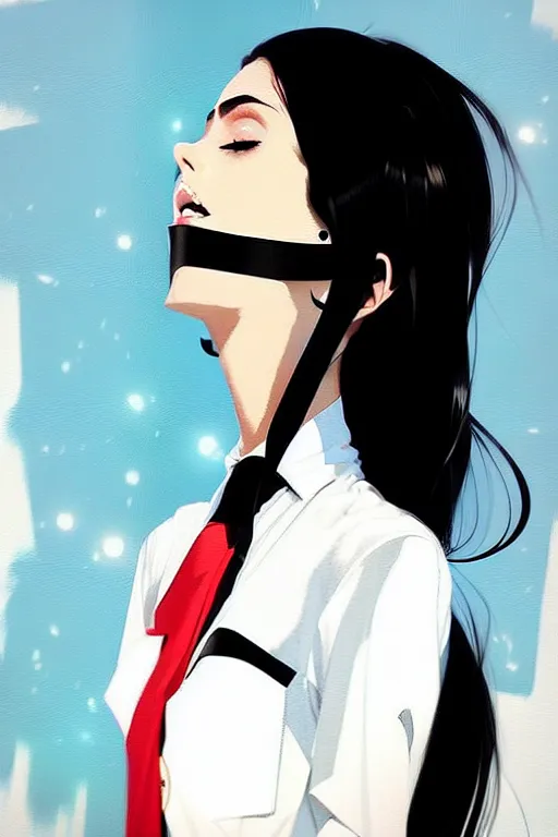 Image similar to a ultradetailed beautiful panting of a stylish woman, she is wearing a white shirt with a tie and black pants, by conrad roset, greg rutkowski and makoto shinkai trending on artstation