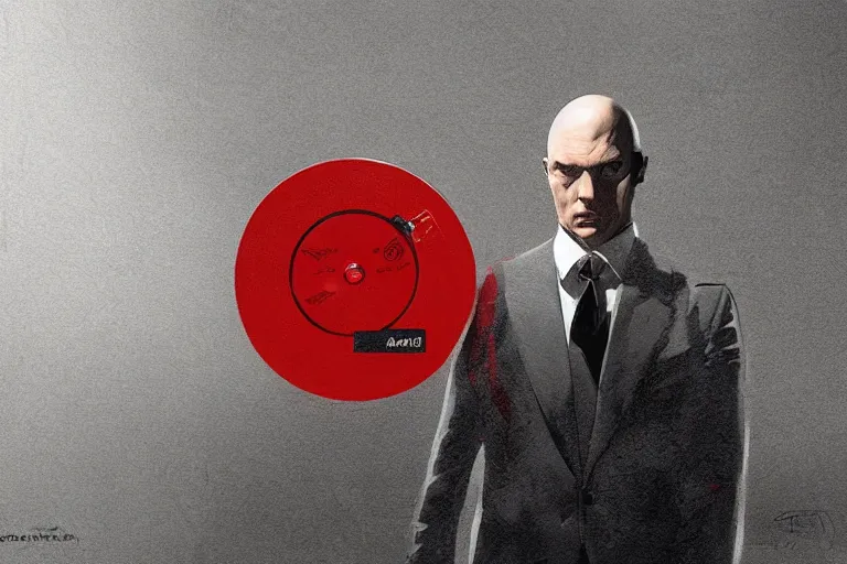 Prompt: a portrait of agent 4 7 from hitman wearing headphones and putting a vinyl record onto a turntable, dark background, red rim light, digital art, artstation, concept art by giger stalenhag