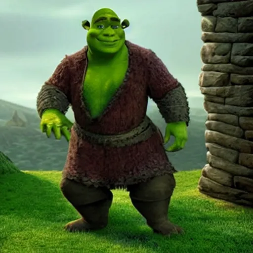 Image similar to a still of shrek in the game of thrones