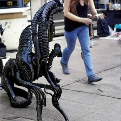 Prompt: walking a xenomorph pet