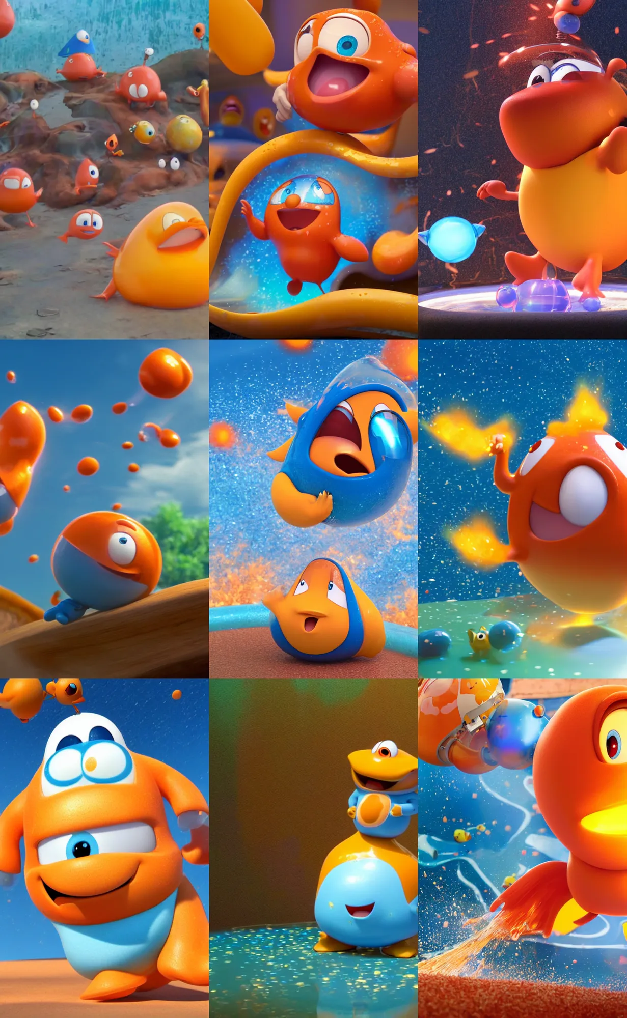 Prompt: waddle dee exploding fluid body, pixar illumination studios movie by john lasseter, exploding liquid slimy material, cinematic wide angle