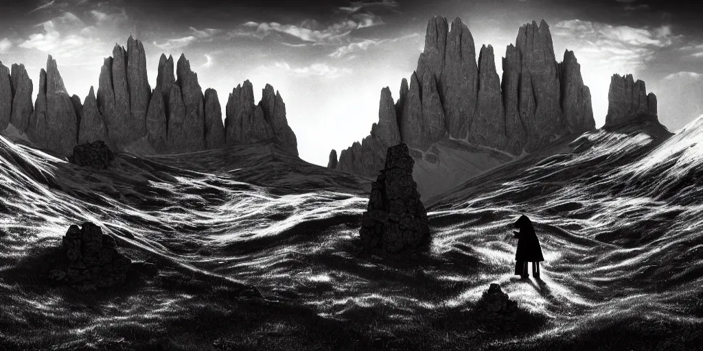 Image similar to photography of witch burning, dolomites in the background, occult signs, witch burning, pyre, solstice fire, alp, dolomites, alpine, detailed intricate insanely detailed octane render, 8k artistic 1920s photography, photorealistic, black and white, chiaroscuro, hd, by David Cronenberg, Raphael, Caravaggio