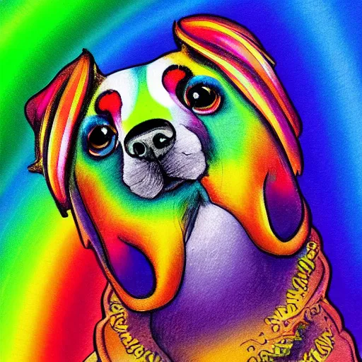 Image similar to portrait friendly cute happy stylish realistic rainbow dog. background in the style of art nouveau. lively. colorful. hd.