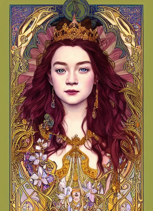 Image similar to well - lit art nouveau portrait of queen sirikrit of thailand who resembles sadie sink with red hair as a princess with intricate, ornate jewelry, natural lighting, path traced, highly detailed, high quality, cartoon, digital painting, by don bluth and ross tran and studio ghibli and alphonse mucha