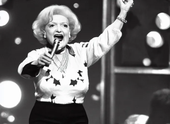 Image similar to publicity photo still of betty white as a gangsta rapper live on stage, 8 k, live concert lighting, mid shot