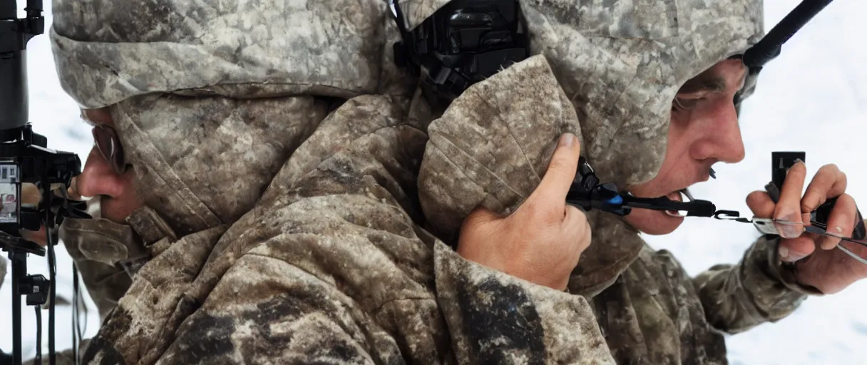 Image similar to filmic extreme close up shot movie still 4 k uhd interior 3 5 mm film color photograph of a scientist putting his hands into the mouth of a camouflaged solder in a lab in antarctica