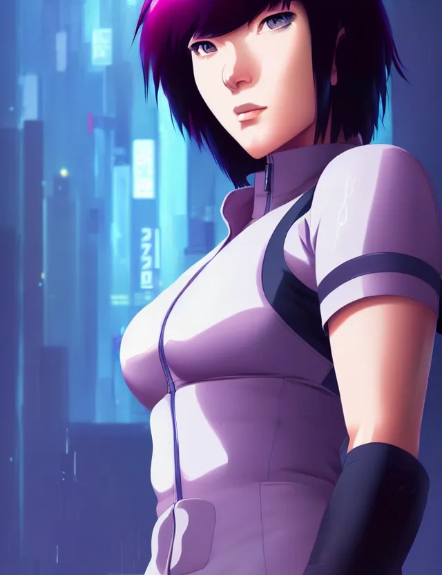 Image similar to a fullbody portrait of motoko kusanagi the major ghost in the shell : : stand alone complex, under repairs, maintenance : : by ilya kuvshinov, rossdraws, artgerm, sola digital arts, anti aliasing, raytracing : :