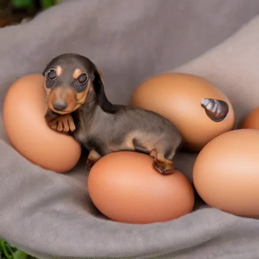 Image similar to baby dachshunds hatching from eggs : : nature photography : : highly detailed