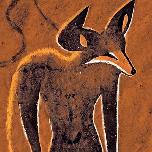 Image similar to neolithic cave painting of a half-fox warrior. strong and powerful anthropomorphic fox. gorgeous eyes. Bipedal foxman holding spear. carvings, cave scratches in cave wall. art by homo erectus. earthen colors